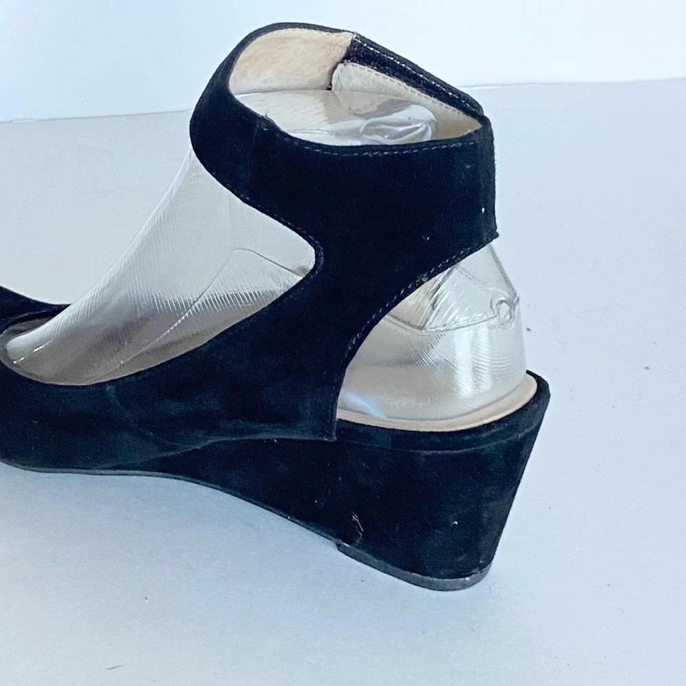 Sacha London Black Suede Peep Toe Wedge Sandals Ankle Strap Womens 7.5 Hand Made